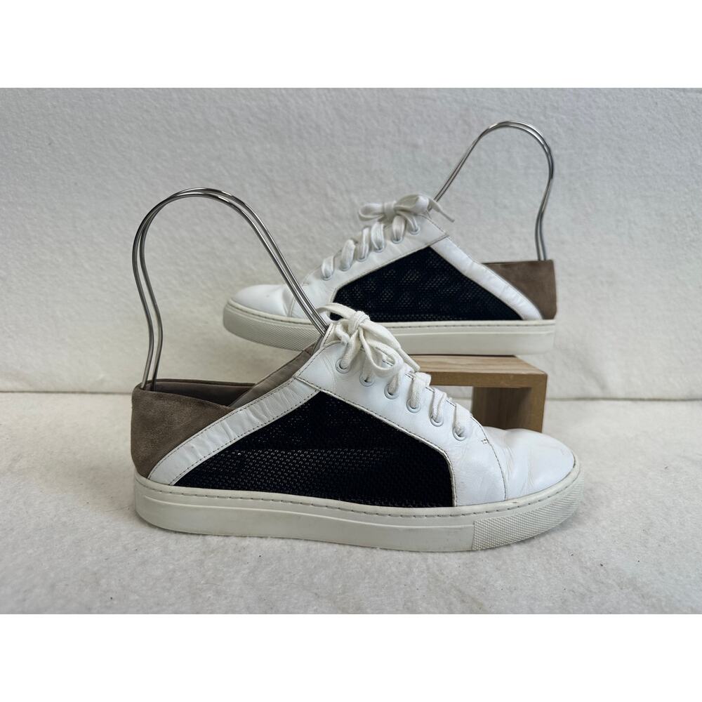 Vince Women's Anette White Leather and Black Mesh Sneakers Tan Suede Trim SZ 8